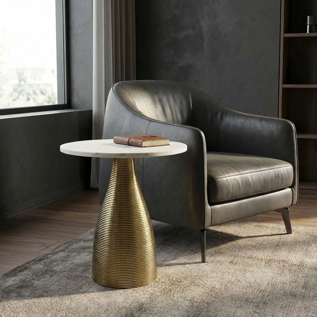 WOHNLING Table d'appoint dorée 40 cm avec plateau en marbre blanc véritable