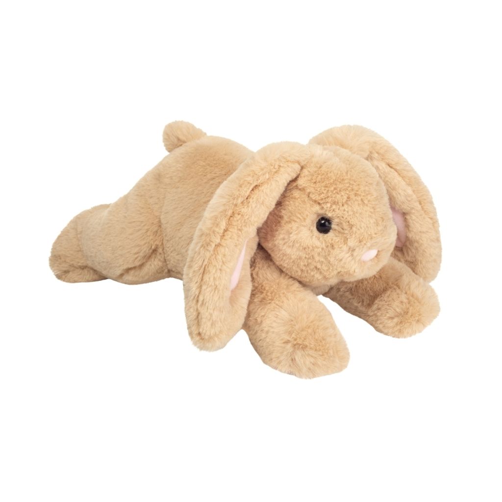 A plush toy rabbit lying down.