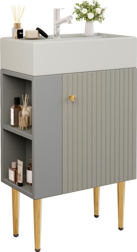 AIORBER 55cm Waschbecken mit Waschtischunterschrank, Badezimmerschrank, Gästebadmöbel, kompakter Badschrank mit Stauraum, hellgrau/weiß
