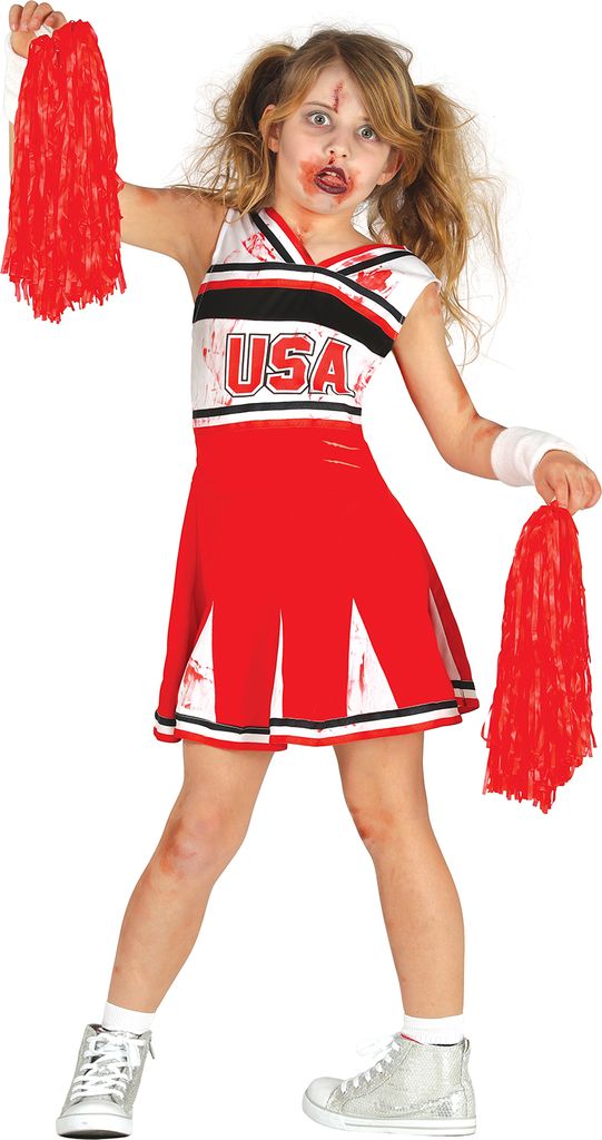 Zombie Cheerleader Halloween Kostüm Blutspritzer Sportlich Rot Weiß Fantasie Gruselig Kinderfest Karneval Party Optik Unheimlich Faschingskleid S...