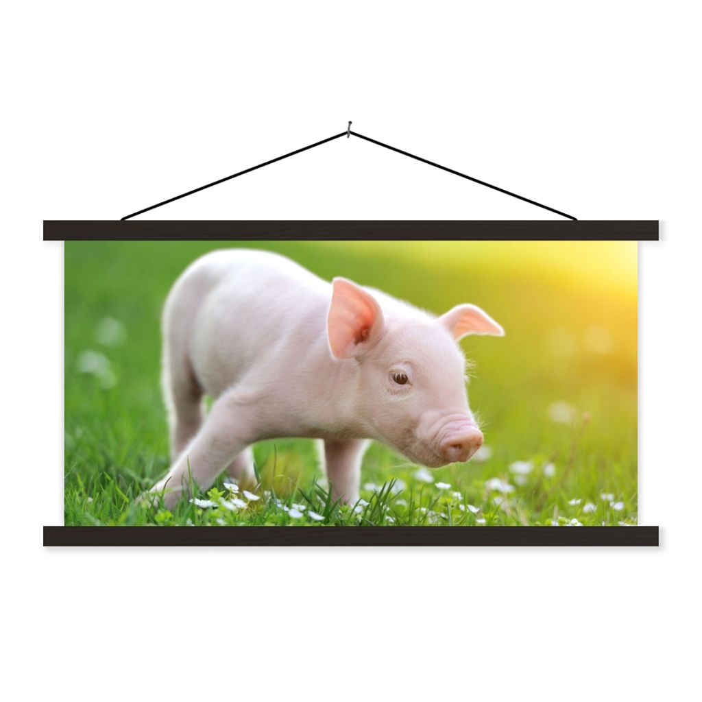 MuchoWow Textilposter Tiere - Ferkel - Schwein 150x75 cm mit schwarzem Rahmen - Posterleiste