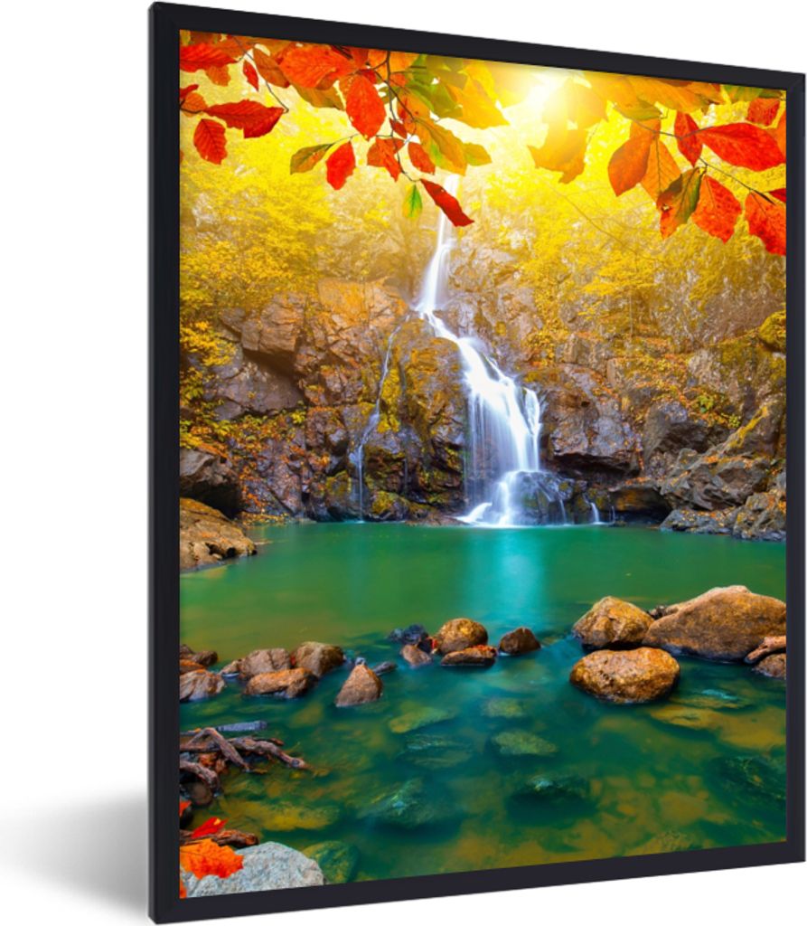 MuchoWow Gerahmtes Poster Steine - Baum - Wasserfall - Herbst - Rot 60x80 cm - Poster mit Schwarzem Bilderrahmen Wandposter Rahmen Foto Bilder - ...