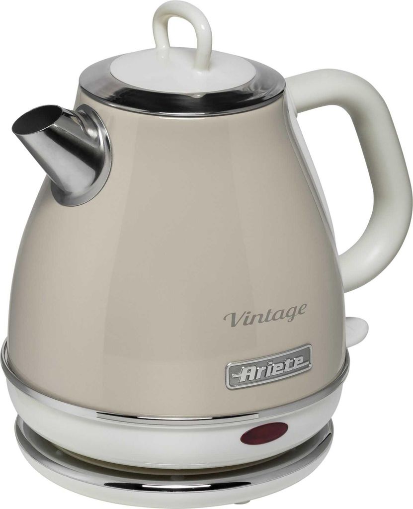 A close-up studio shot of a beige vintage-style electric kettle.