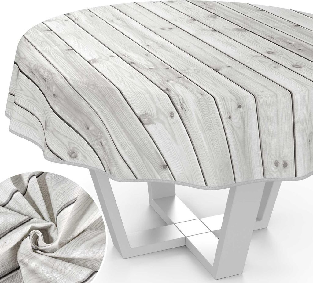 Tischdecke Holz aus Textil mit Exclusiven Motiven wasserabweisend Tischtuch Tischwäsche Aquarell Grau Rund 140cm mit Paspelband