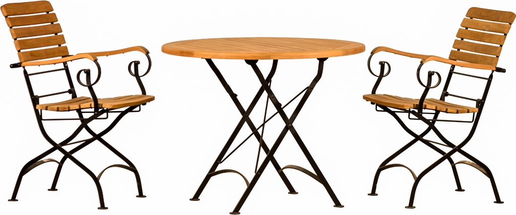 Bistro Sitzgruppe Teakholz aus 2 Armlehnstühlen + 1 Klapptisch rund 90 cm edles Möbel Set für Garten Terrasse Balkon