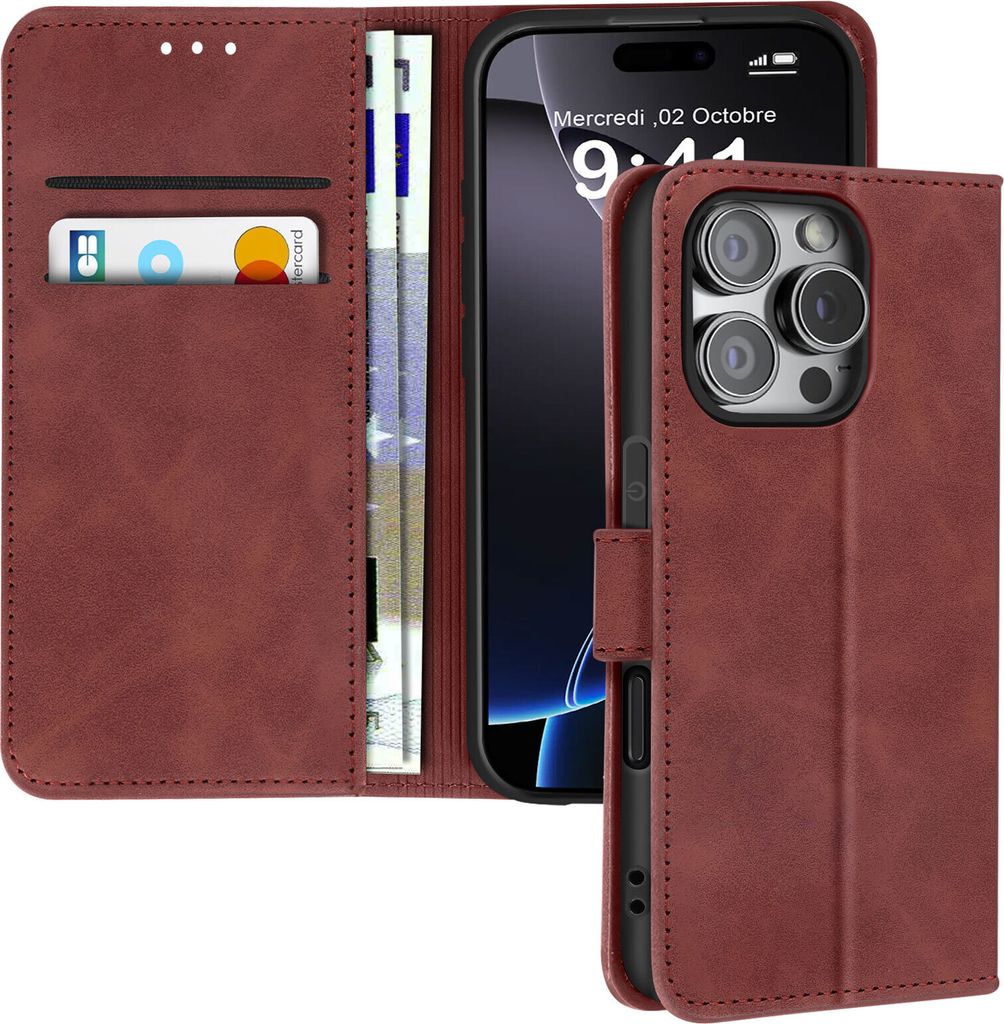 Avizar, Hülle für iPhone 16 Pro Max Karten-/Banknotenfächer, Standfunktion, Braun