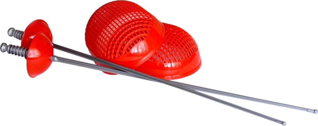 Two red fencing masks and two swords on a white background.