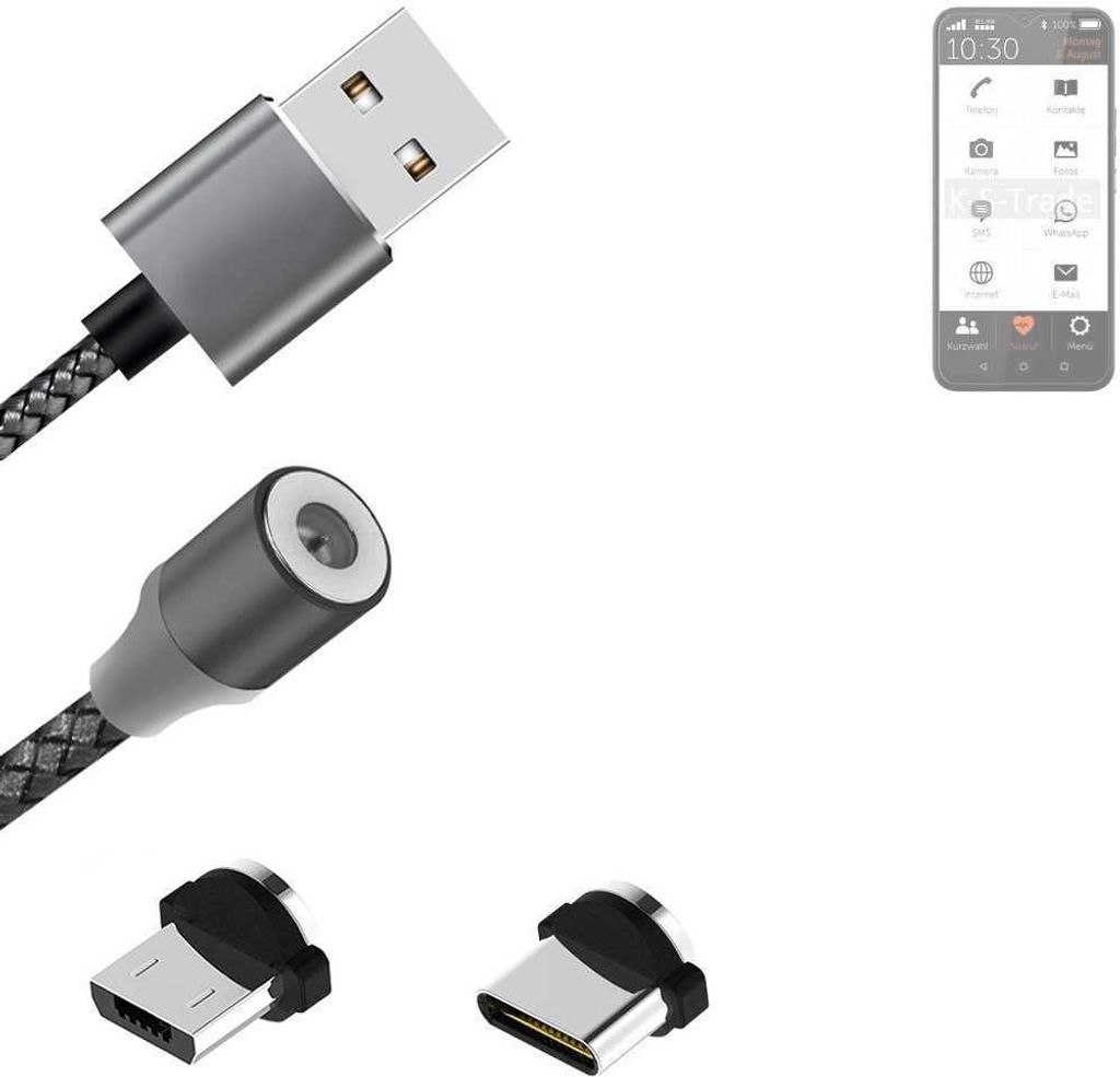 K-S-Trade Hochwertiges Magnet-Lade-kabel Sync-Kabel Daten-Kabel kompatibel mit Gigaset GS5 Senior mit USB-Typ-C-Anschluss und Micro-USB-Anschluss 2A