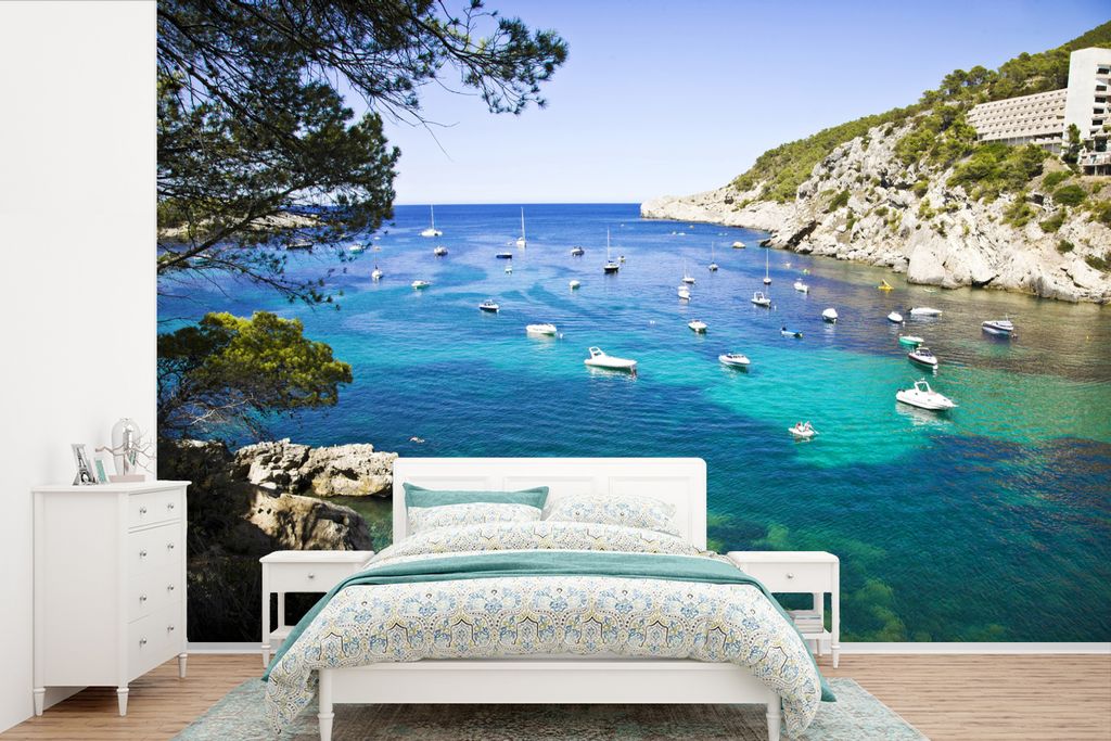 MuchoWow Fototapete für Wohnzimmer oder Schlafzimmer Wandtapete Vinyl Motivtapete Meer bei Portinatx auf Ibiza - 360x240 cm - Vinyl-Tapete