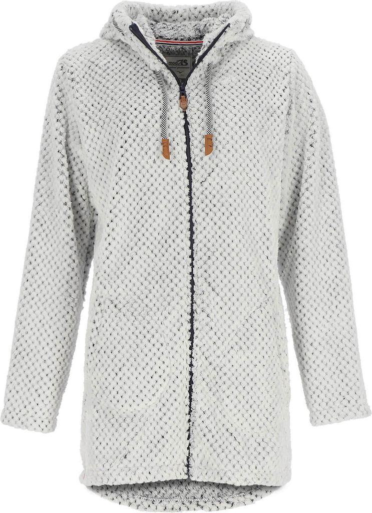 modAS Damen Fleecemantel in lockerer Optik - Kuschelige Fleecejacke mit maritimen Details in Weiß-Navy Größe 44