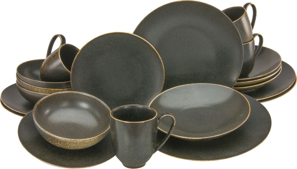 A collection of dark gray ceramic dinnerware with gold trim, including plates, bowls, and mugs, arranged on a white background.