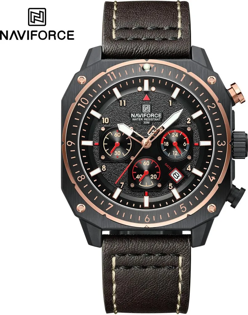NAVIFORCE SQ-38606 Montre de Luxe Abordable en Acier Noir et Cuir
