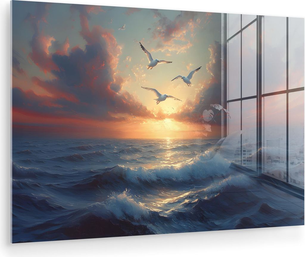 MuchoWow Glasbilder - Bilder auf Wandbild - Foto auf Glas Möwen - Sonnenuntergang - Meer - Wolken 90x60 cm Wanddekoration aus Glas - Acrylglasbild...