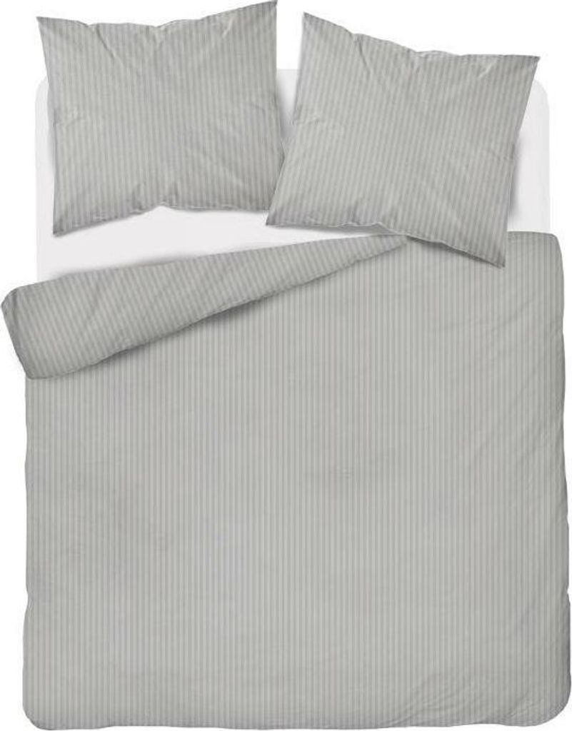 A top-down view of a bed with light gray striped bedding and two pillows.