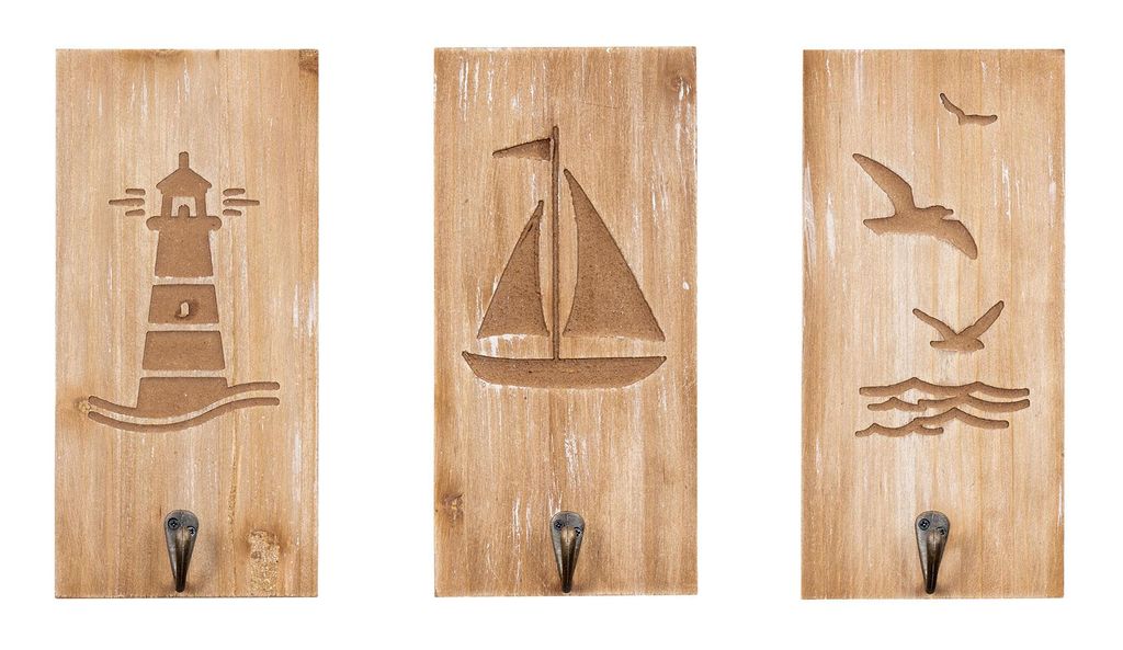 3er Set Wandhaken H25cm Segelboot Möwen MDF Holz Braun Kleiderhaken Maritim Deko