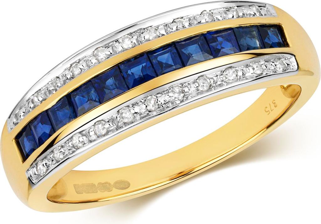 Wunderschöner 9 Karat (375) Gold Halb Eternity Damen - Diamant Ring Brillant-Schliff 0.09 Karat H - PK mit Saphir, 58 (18.5); TRS290979KYRSQ