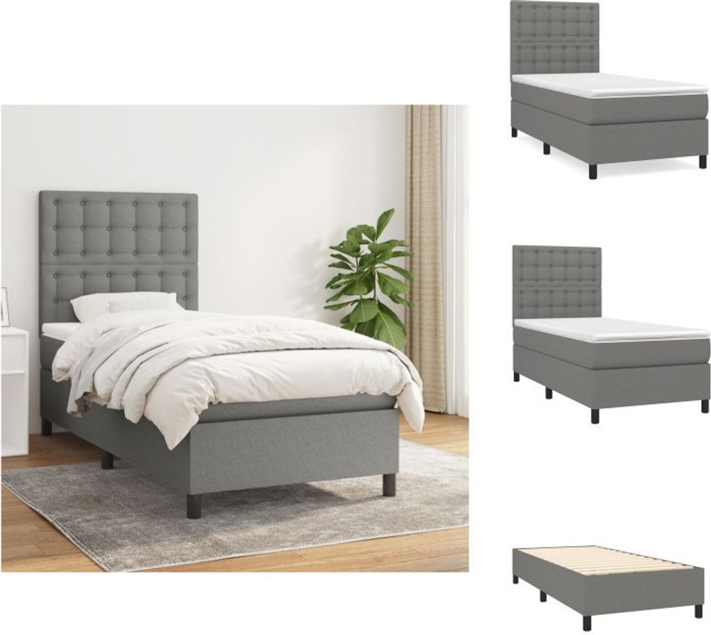 vidaXL Boxspringbett mit Matratze Dunkelgrau 90x190 cm Stoff - Betten & Bettgestelle