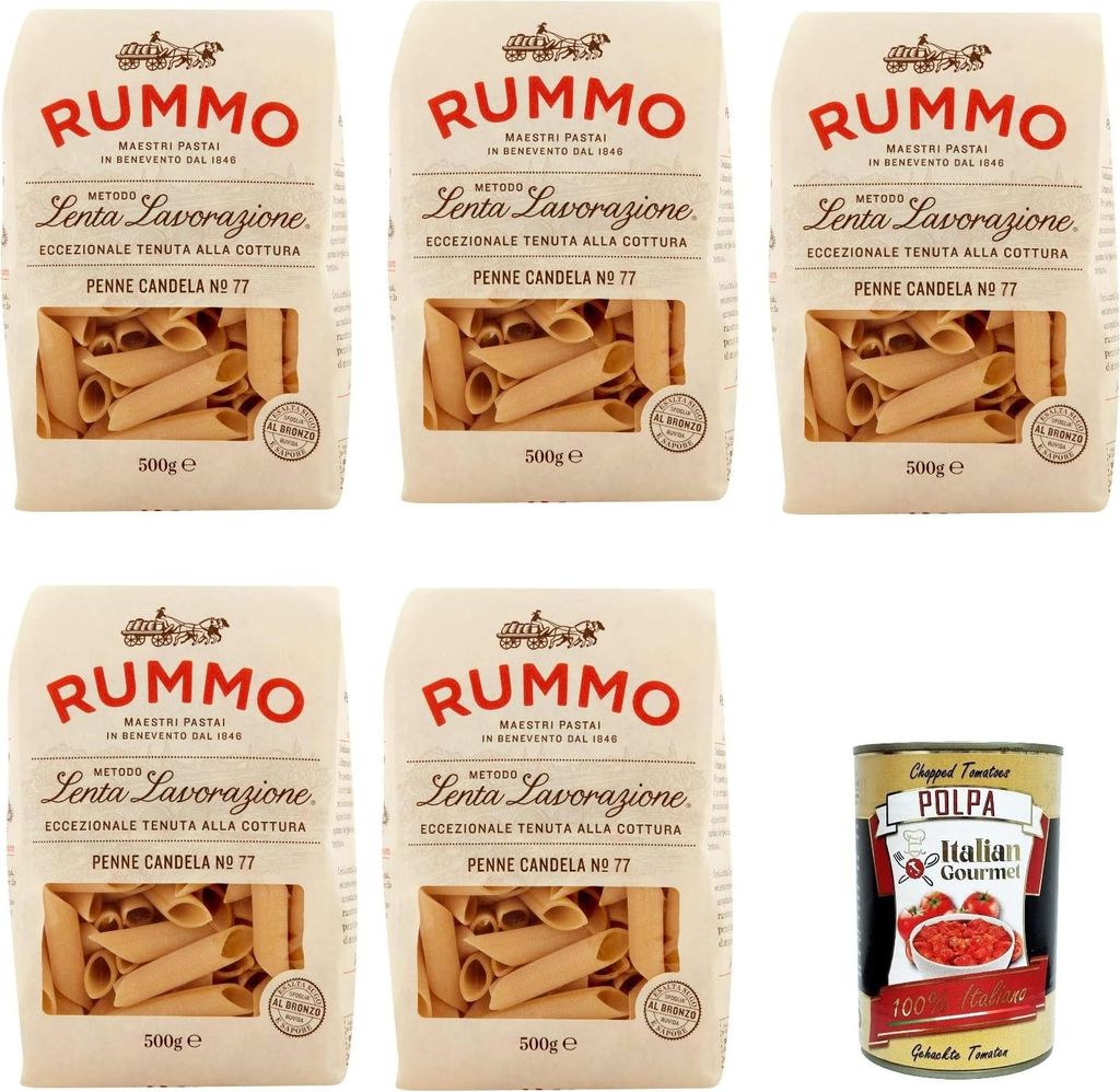 Rummo Penne Candela n° 77 Pasta Lenta Lavorazione Teigwaren aus Hartweizengrieß Bronze-Zeichnung 5x 500g + Italian Gourmet polpa 400g