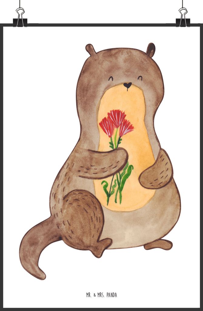 Mr. & Mrs. Panda Bild Otter Blumenstrauß DIN A1 - Weiß - Geschenk, drucke, Seeotter See, wanddeko, Plakat, Wandbild, Posterdruck, Süß, Niedlich