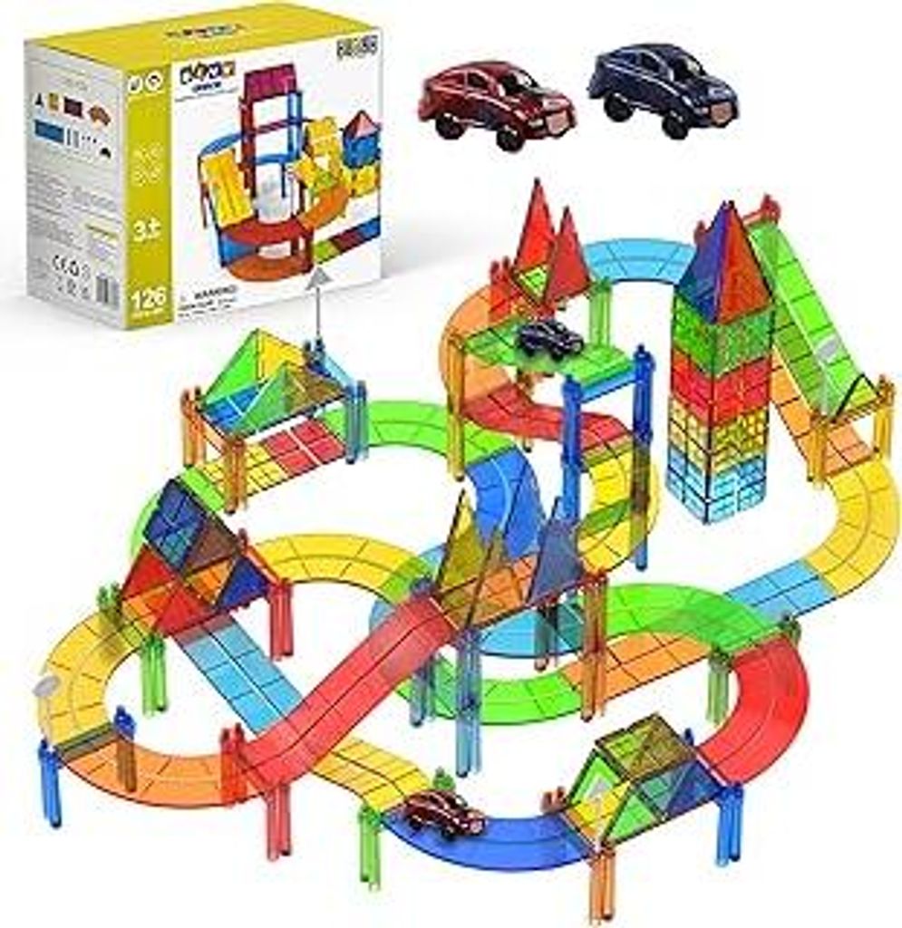 Olvy Magnetische Bausteine Montessori Spielzeug - 126 Magnetic Tiles Kinder - Magnetisches Konstruktionsspielzeug Ab 3 Jahre - Smart Playground Mag...
