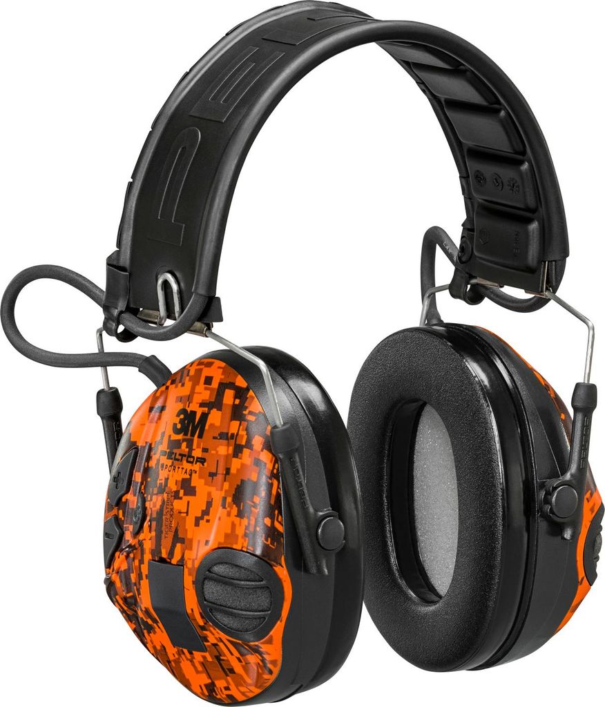 A pair of orange and black digital camouflage patterned earmuffs.