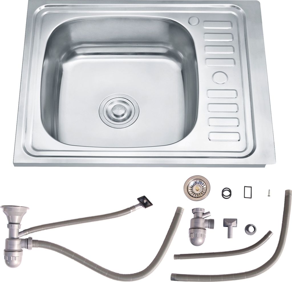A stainless steel kitchen sink and its plumbing accessories are displayed against a white background.