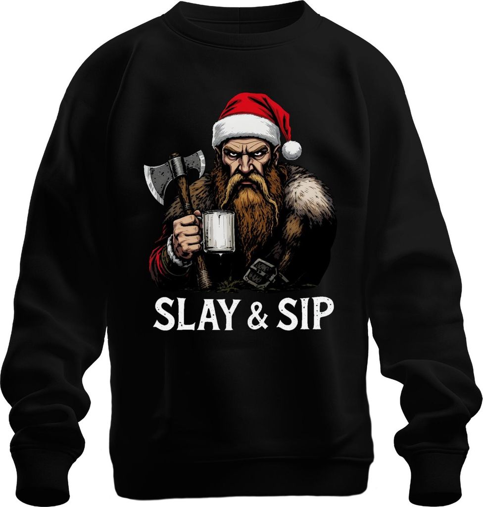 SLAY & SIP Wikinger Bart Axt Becher Geschenk lustig düster Retro Uni Sweatshirt Pullover, Schwarz, XXL