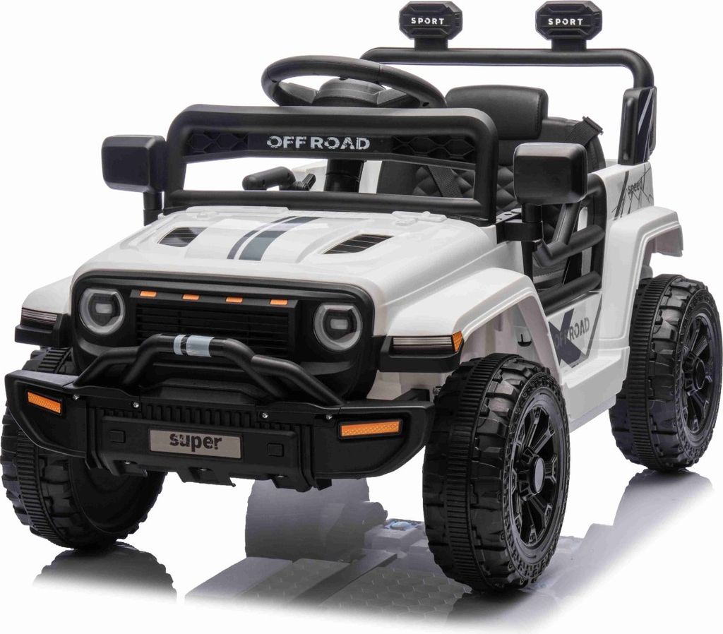Elektroauto für Kinder OFFROAD NEW mit Hinterradantrieb, weiß, Lithium-Batterie, hohes Fahrgestell, breiter Sitz, Hinterradfederung, 2,4-GHz-Fern...