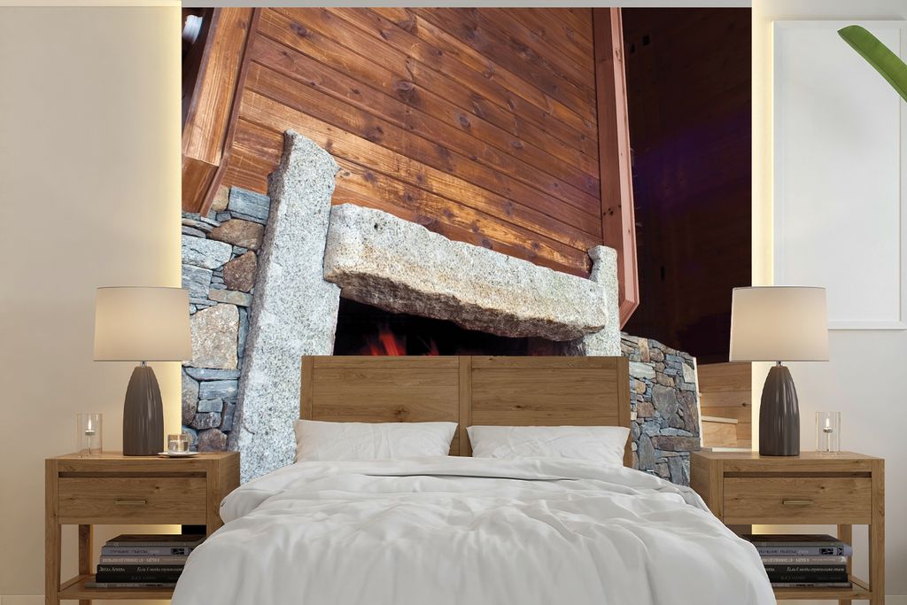 MuchoWow Fototapete für Wohnzimmer oder Schlafzimmer Wandtapete Vinyl Motivtapete Kamin aus Stein - 300x300 cm - Wanddekoration