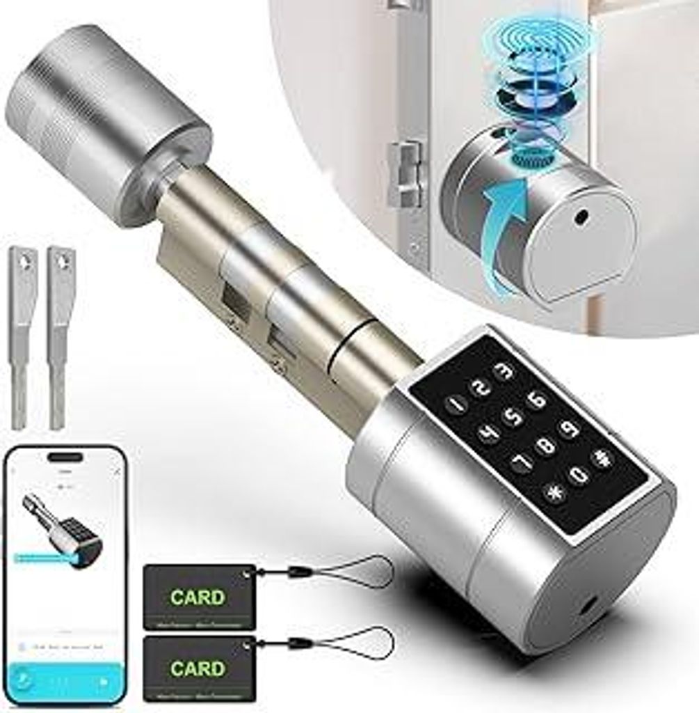 Anweller Türschloss Fingerabdruck, Elektronisches Türschloss Haustür Code Smart Lock SchließZylinder 60mm mit 2 Schlüssel, 2 IC-Karte, für T...
