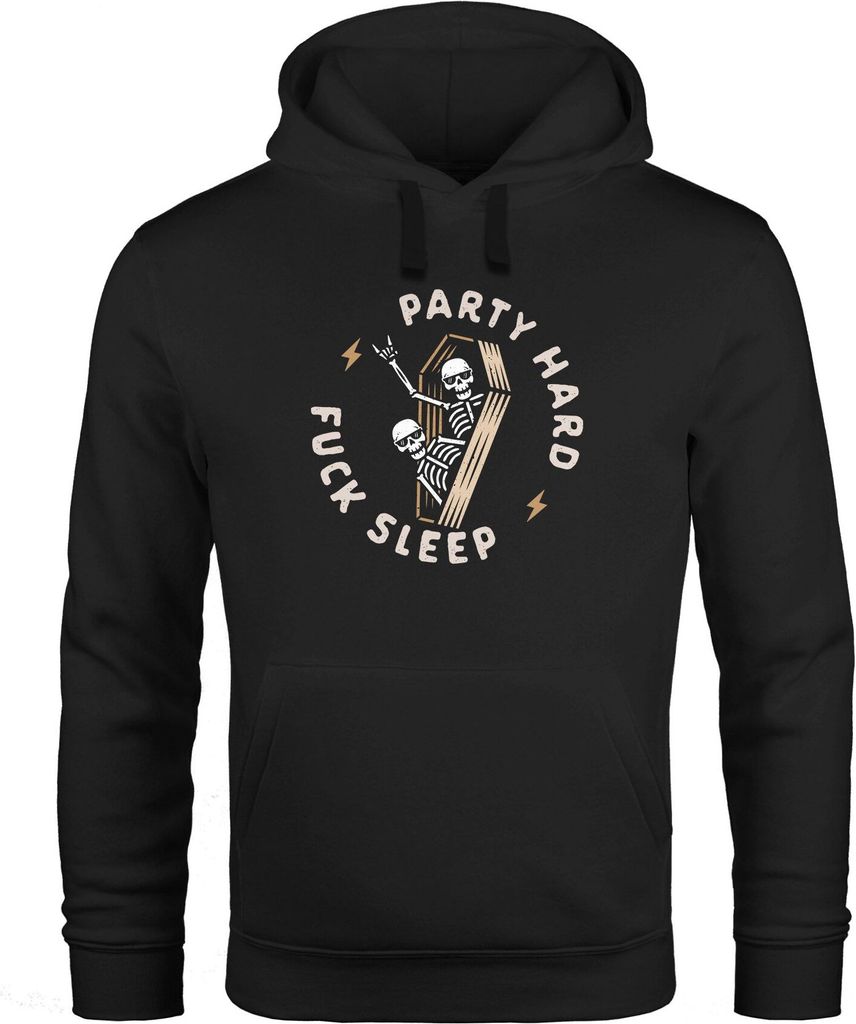 Hoodie Herren Schriftzug Party Hard Fuck Sleep 2 Skelette im Sarg Kapuzen-Pullover Männer Neverless schwarz S
