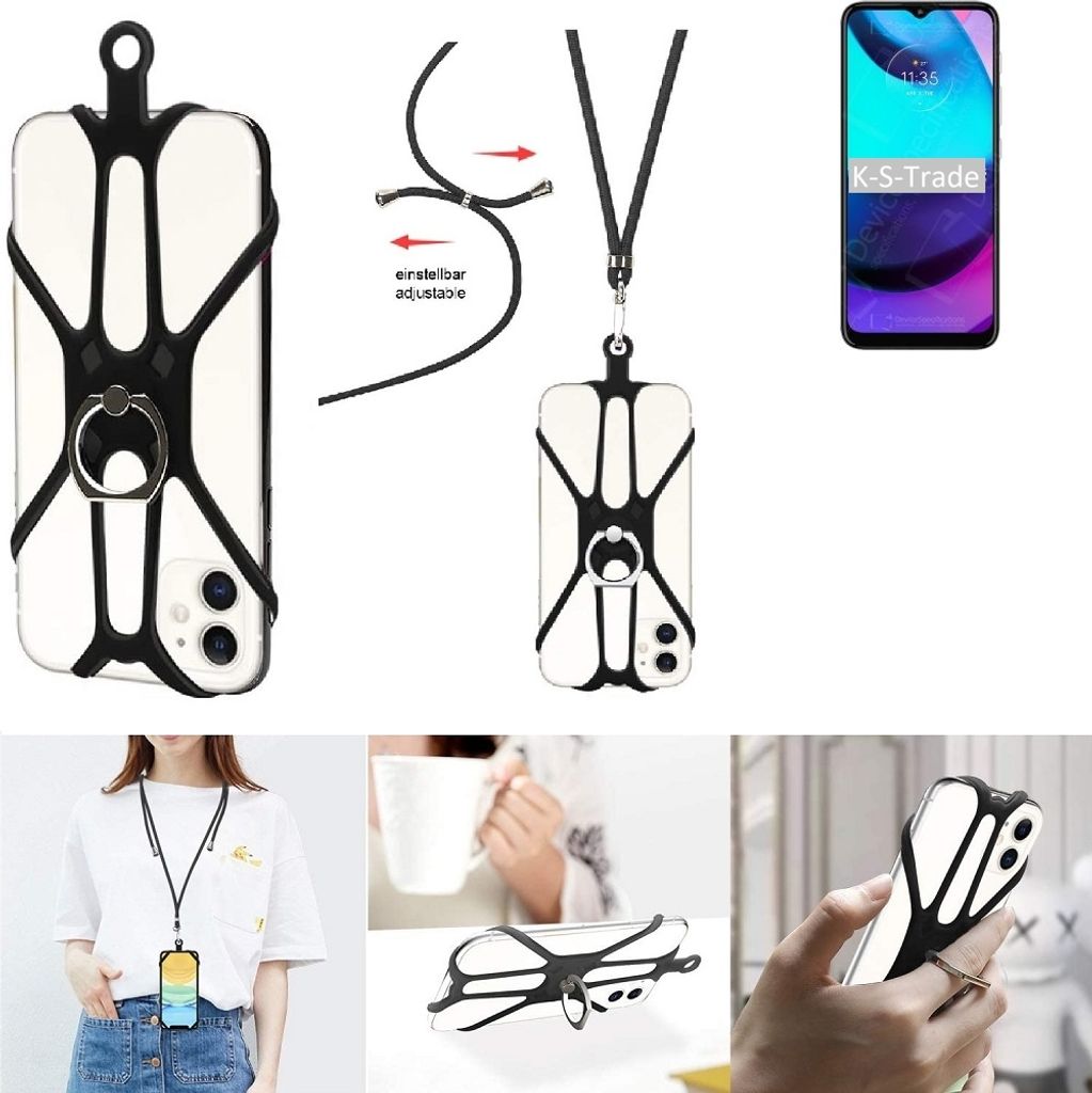 K-S-Trade 3in1 Handykette Handyband Handykordel Halsband Smartphone-Ring Handy-Ring kompatibel mit Motorola Moto E20 Fingerhalterung Handyring