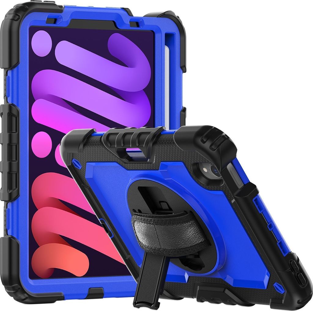 Mobigear SureGrip Xtreme iPad Mini 7 (2024) Hülle Kunststoff,Silikon Backcover + Stifthalter + Schulterträger + Ständer - Schwarz / Blau