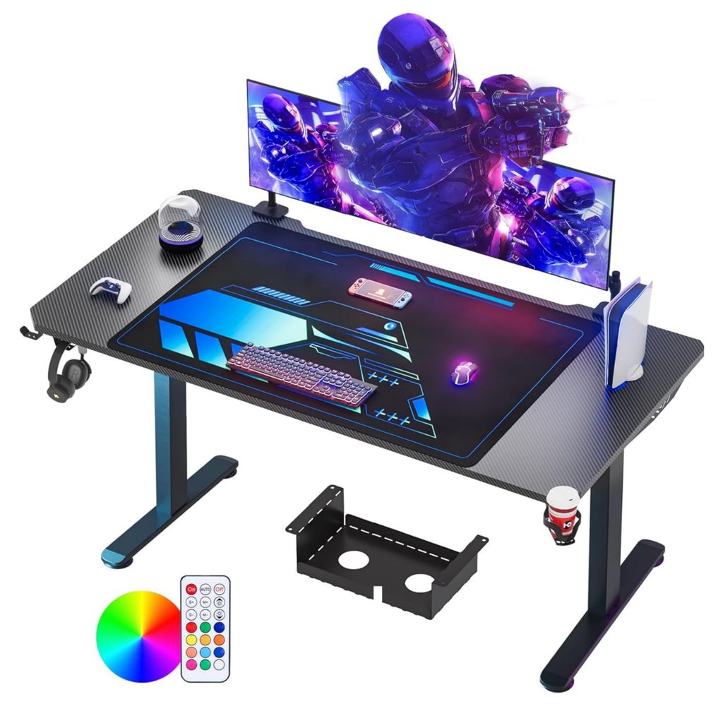 Homdox 180x70 cm Gaming-Tisch Ergonomischer, Kohlefaseroberfläche, Kabelmanagement-Box, Becherhalter und Kopfhörerhaken, schwarz