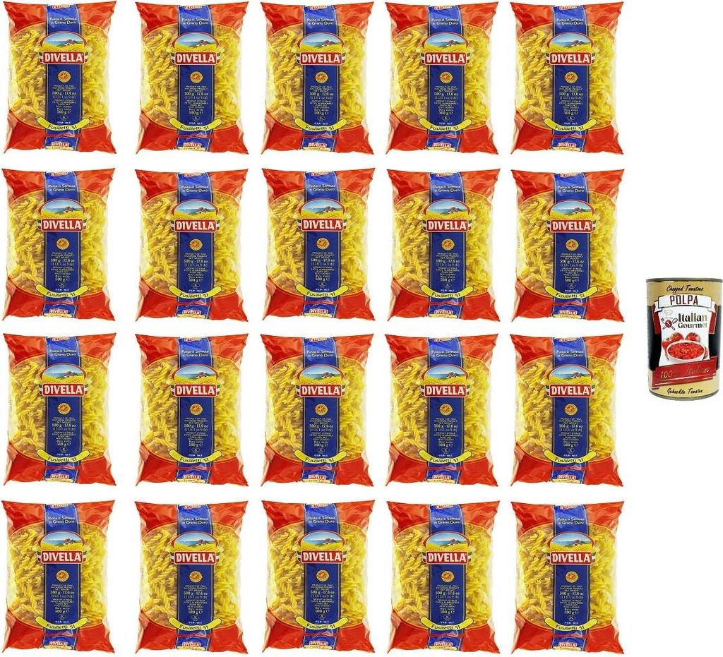 Divella Fusilletti N°51 Hartweizengrieß Pasta Italienische Nudeln 20x500g Packung + Italian Gourmet Polpa di Pomodoro 400g