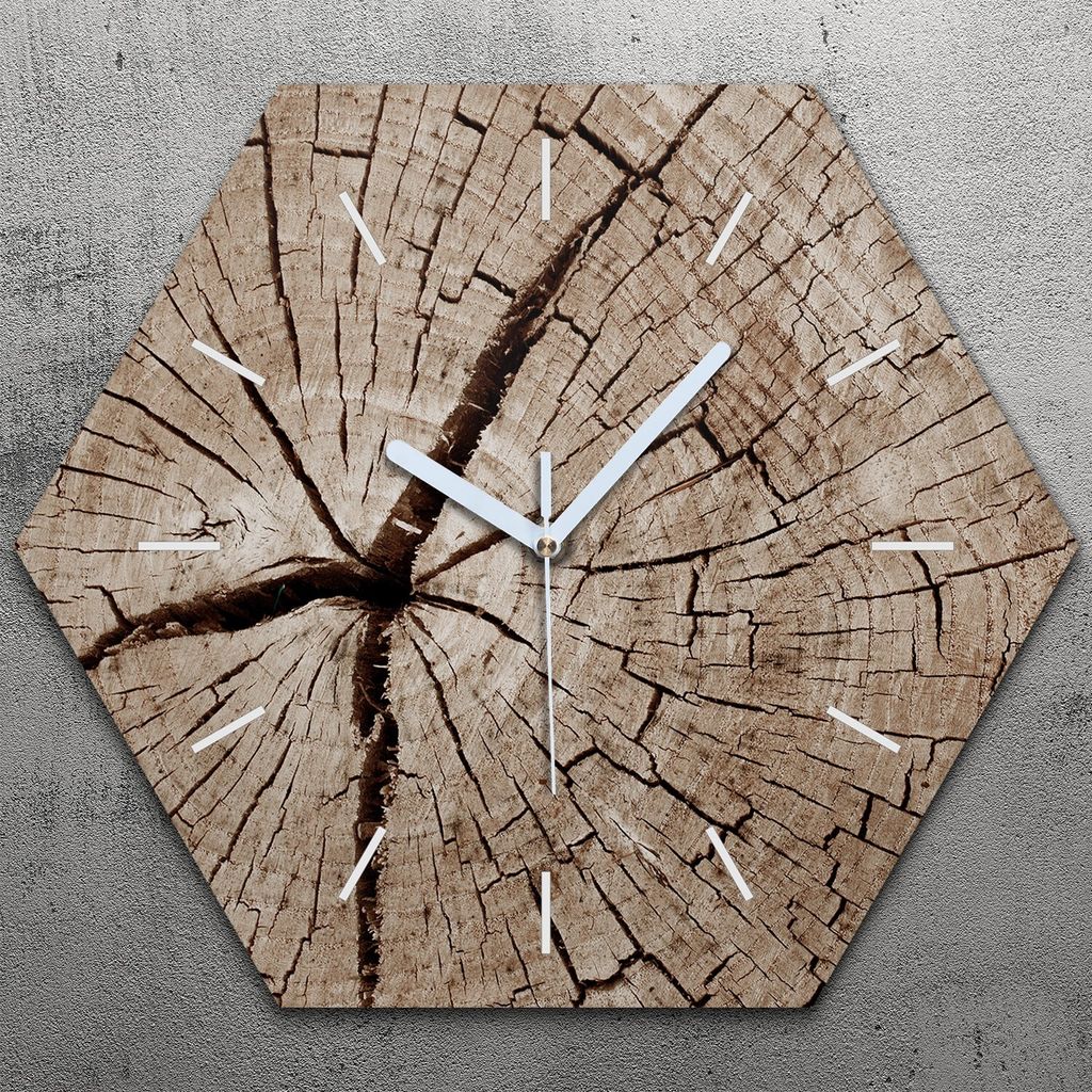 Uhr hexagonal 40 cm Glas Geräuschlos weiße Zeiger - Holz Stamm