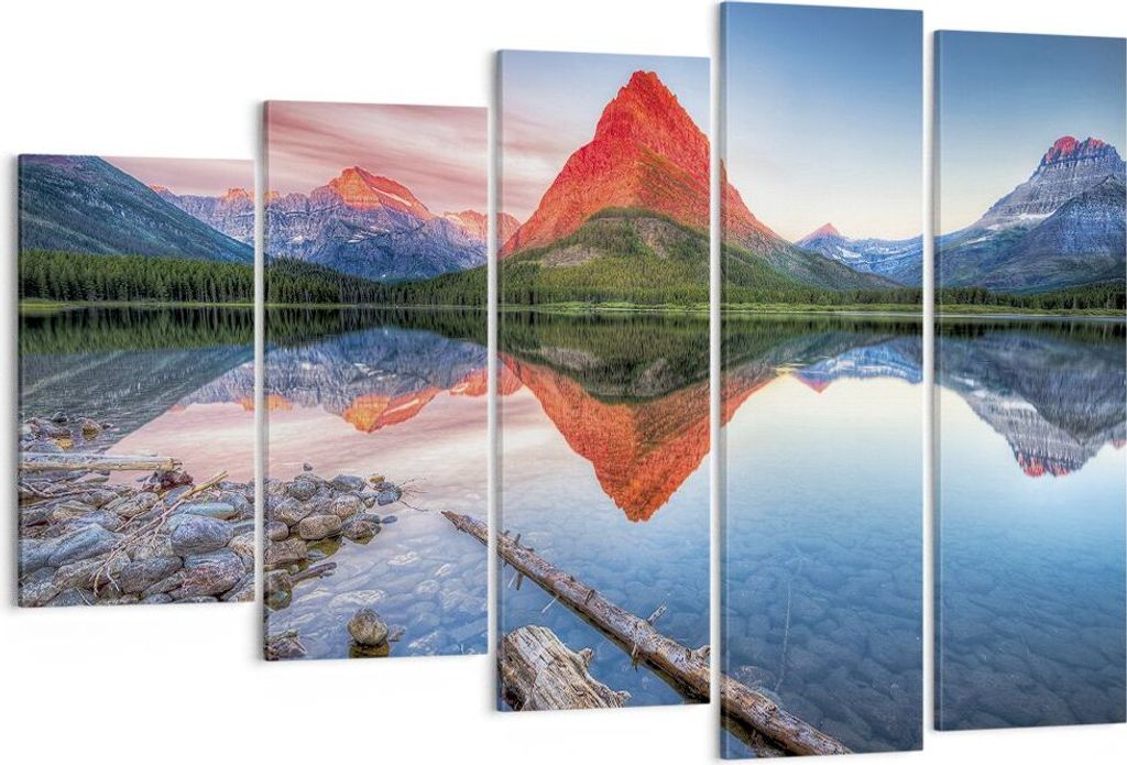 Bild auf Leinwand - Leinwandbild - 5 Teile - See Berge Spiegelung - 150x100cm - Wand Bild - Wanddeko - Wandbilder - Leinwanddruck - Bilder - Wandde...