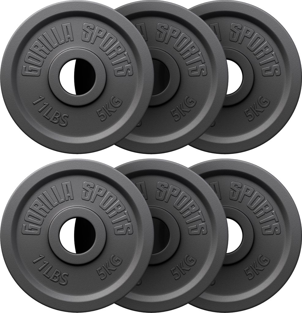 GORILLA SPORTS Olympia Hantelscheiben - Set 30kg, 6x5kg Gewichte, 50mm Bohrung, Gusseisen - Gewichtsscheiben, Hantelscheiben-Set, Hanteln