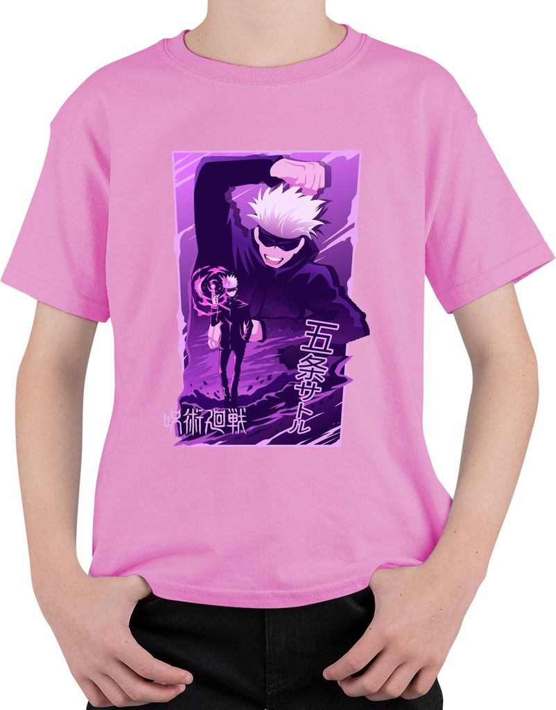 Gojo Satoru Jujutsu Kaisen weißes Haar Anime Ästhetik Geschenk Uni Kinder T-Shirt, Pink, 128