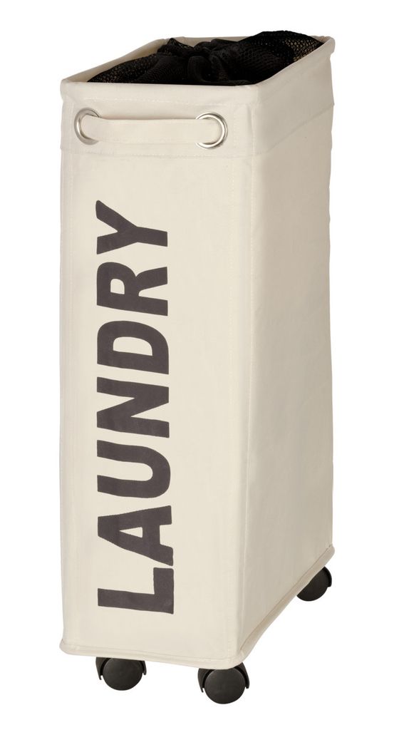 A tall, rectangular laundry hamper with wheels.