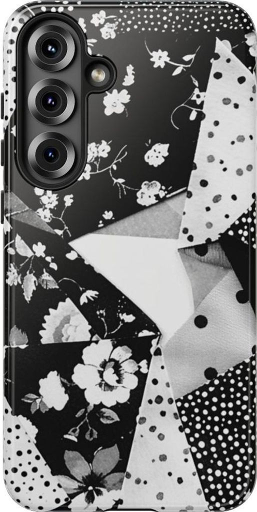 Monochromes Blumen- und Punktmuster im Patchwork-Stil – Hülle Kompatibel mit Samsung Galaxy S25 Plus