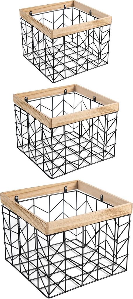 Metallkorb BOHAI 3er Set schwarz - Drahtkorb, Aufbewahrungskorb mit Holzrahmen, stapelbar, Dekokörbe, Bad, Kleiderschrank, Organizer