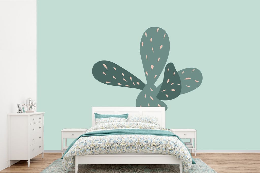 MuchoWow Fototapete für Wohnzimmer oder Schlafzimmer Wandtapete Vinyl Motivtapete Sommer - Kaktus - Blau - 360x240 cm - Vinyl-Tapete