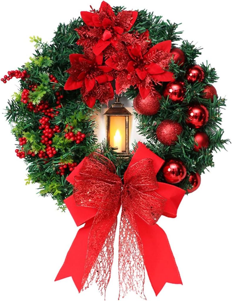 40 cm künstlicher Weihnachtskranz mit Licht, roten Beeren, Produktbild 