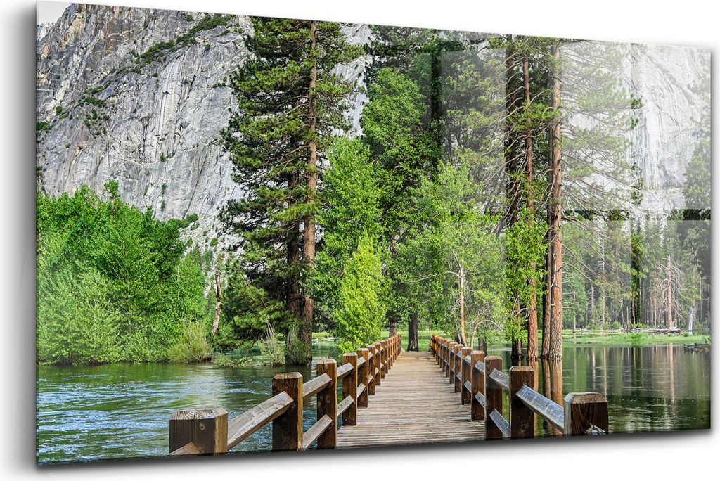 120x60 - Wandmalerei auf Glas- Wanddekoration aus Glas - Die Holzbrücke von Yosemite