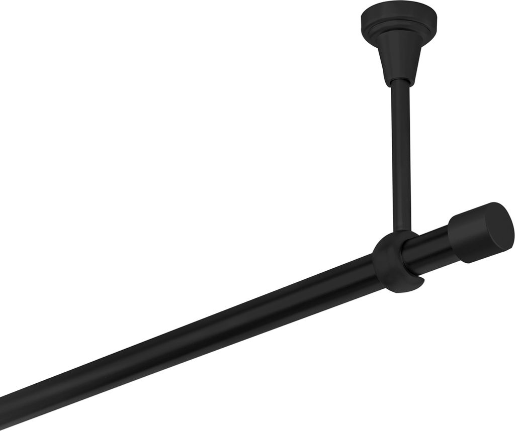 A black curtain rod mounted to a ceiling with a single support.