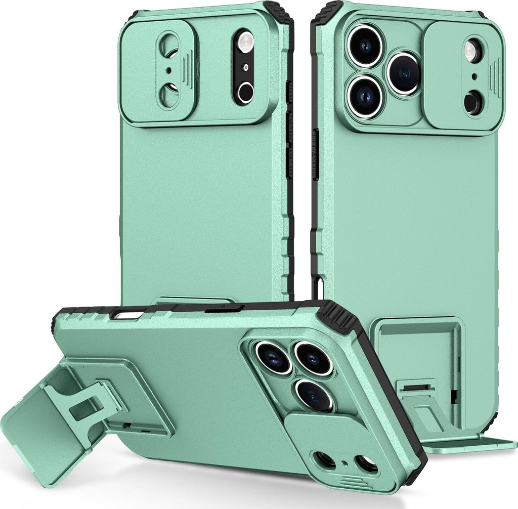 Dual Layer Hülle für iPhone 17 Pro Max Stossfest Robust Ständer Schutzhülle mit Schiebe Kamera Schutz Türkis