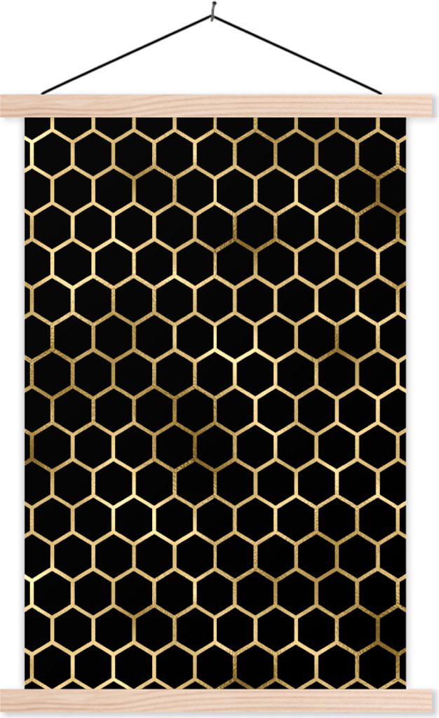 MuchoWow Textilposter Muster - Sechseck - Gold 120x180 cm mit holzfarbenen Rahmen - Textil-Plakat