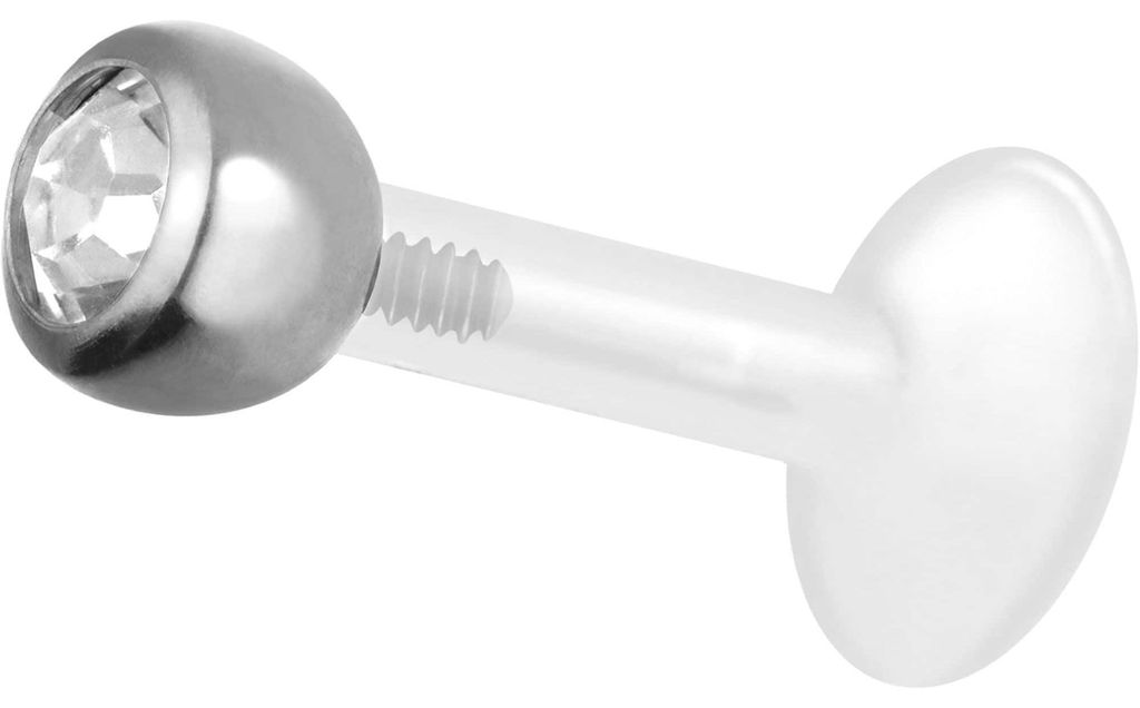 Ohrpiercing, Nasenpiercing PTFE Labret mit Innengewinde + Titan-Aufsatz KRISTALL Silber Stablänge: 10mm + Stabstärke: 1,6mm + Kugelgröße: 4mm