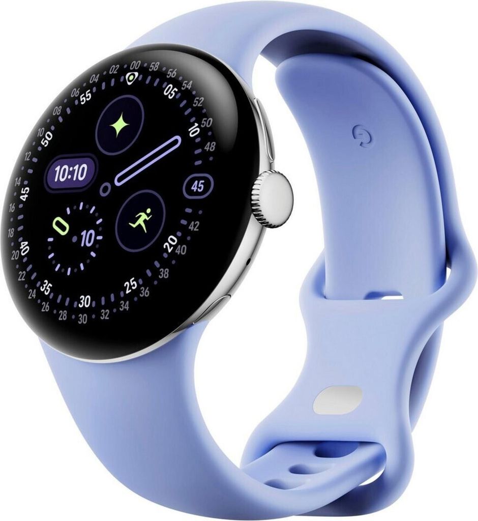 A close-up of a Google Pixel Watch with a purple sport band.